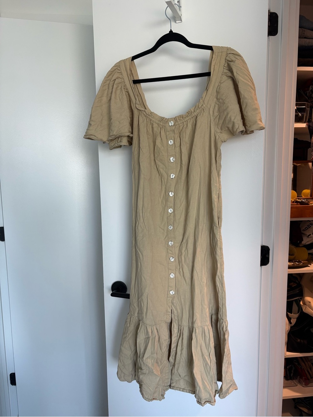 Free People Beige Button-Front Midi Dress with Puff Sleeves
